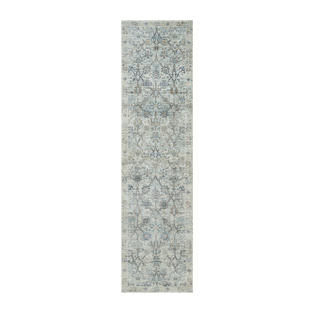 2'6"x9'10" Ivory Silk and Wool Hand Knotted Tebraz Vase Design Runner Rug: 2'6"x9'10" Ivory Silk and Wool Hand Knotted Tebraz Vase Design Runner Rug Experience the timeless elegance of Indian craftsmanship with this stunning ivory silk and wool hand-knotted tebraz vase