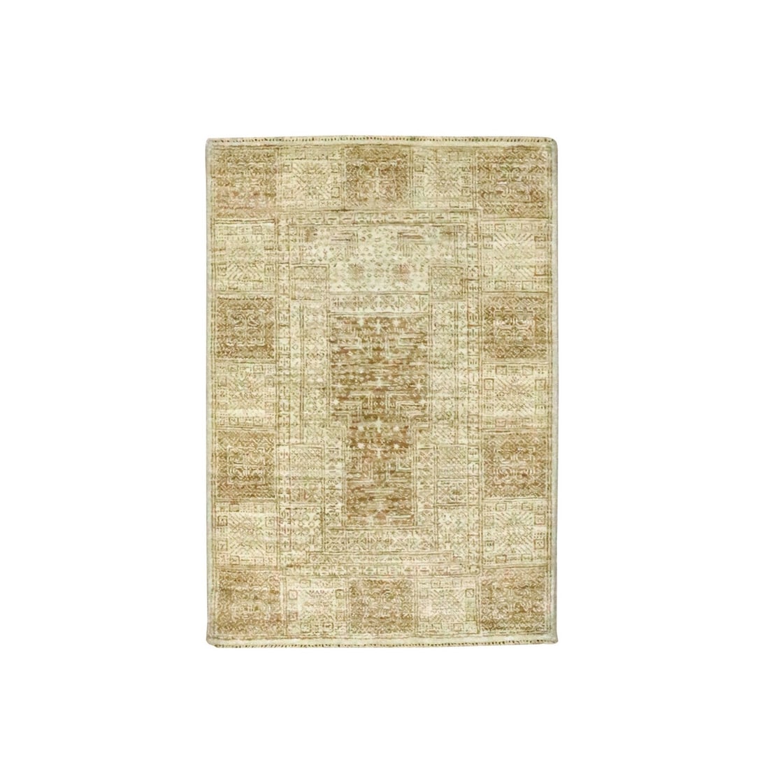2'x3' Beige Garden Design Tone on Tone Hand Knotted Pure Wool Mat Rug: 2'x3' Beige Garden Design Tone on Tone Hand Knotted Pure Wool Mat Rug Experience the warmth and elegance of traditional Indian design with this stunning 2'x3' beige hand-knotted wool mat rug,