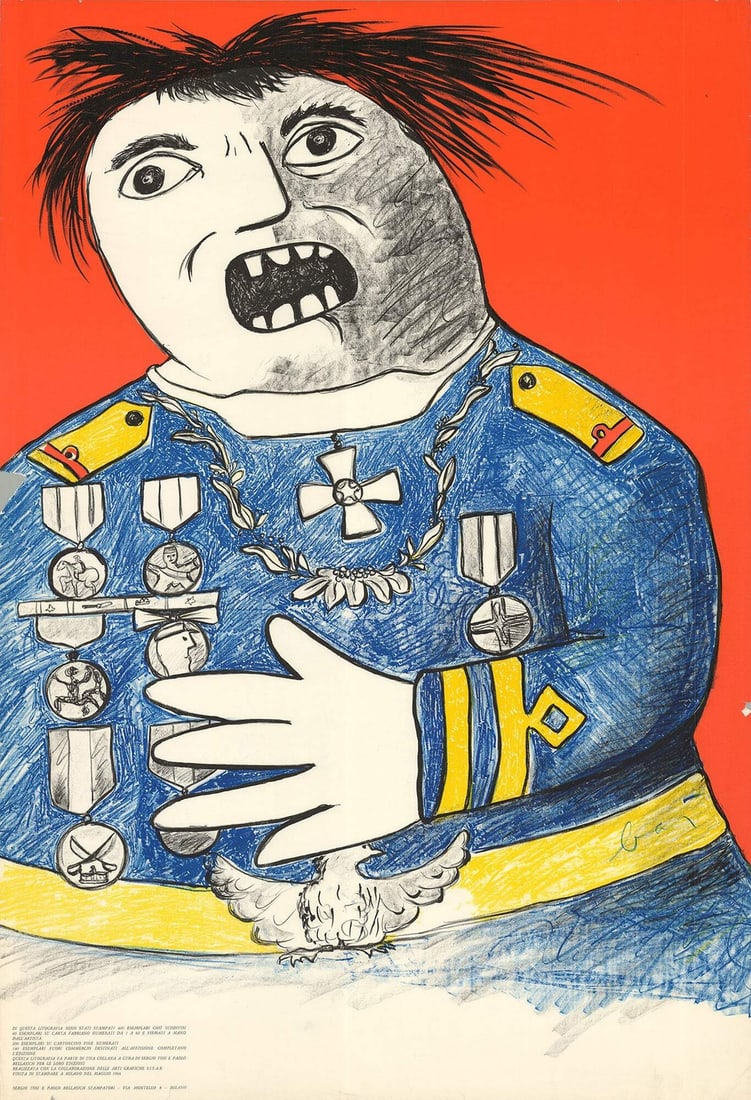 ENRICO BAJ Homme de Guerre 39.5" x 27" Lithograph Surrealism Blue Red Man War: ENRICO BAJ Homme de Guerre 39.5" x 27" Lithograph Surrealism Blue Red Man War Enrico Baj's Homme de Guerre is a striking surrealist lithograph, measuring 39.5" x 27", that embodies the bold spirit of