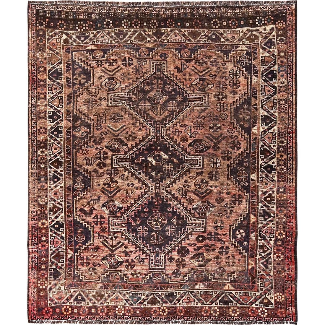 5'7"x6'5" Brown Vintage Zoroastrian Sheeraz Hand Knotted Wool Even Wear Rug (1 of 7)