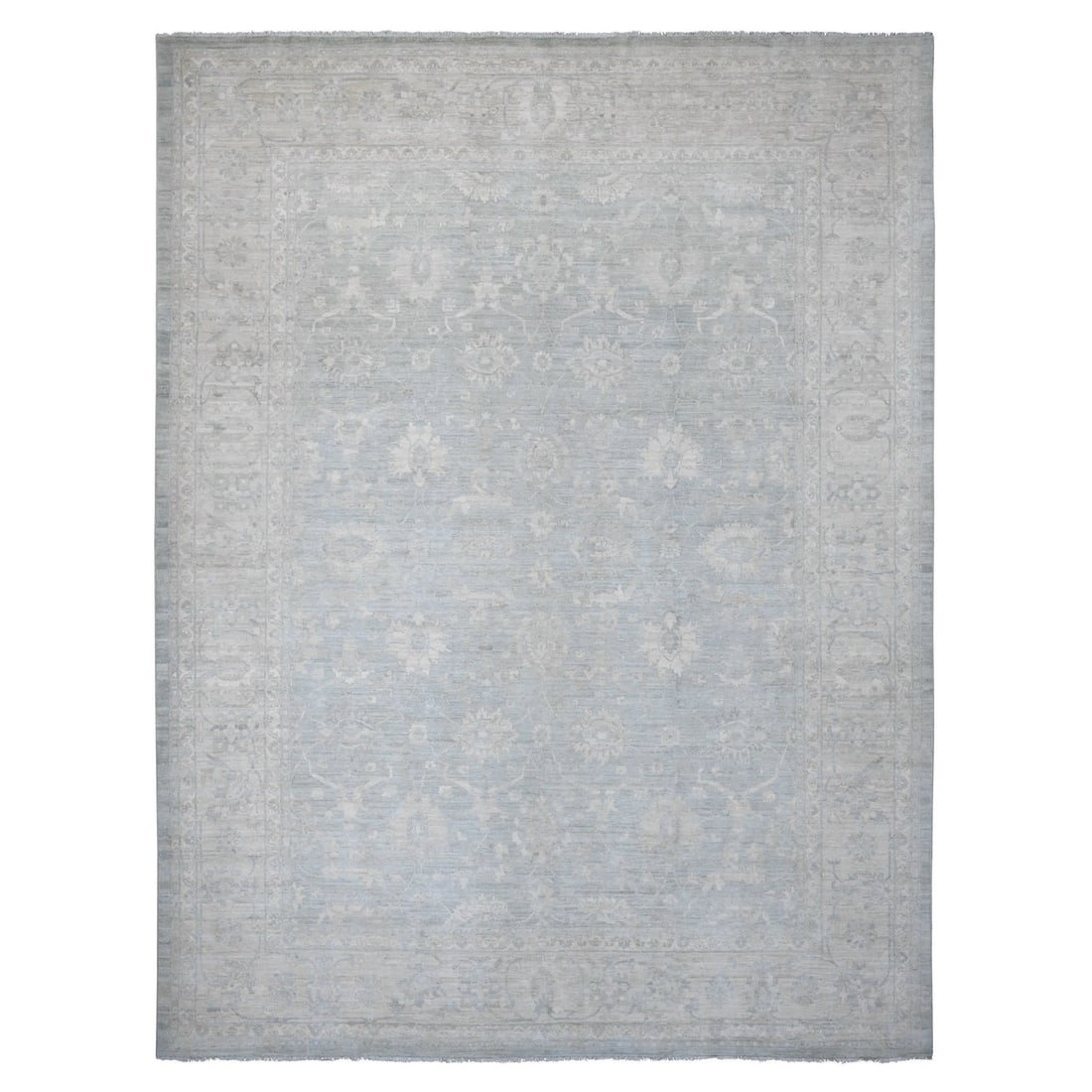 12'x15'4" Gray Washed Out Peshawar Leaf Pattern Hand Knotted Wool XL Rug: 12'x15'4" Gray Washed Out Peshawar Leaf Pattern Hand Knotted Wool XL Rug Experience the timeless beauty of Afghan craftsmanship with this stunning 12'x15'4" Gray Washed Out Peshawar Leaf Pattern Hand