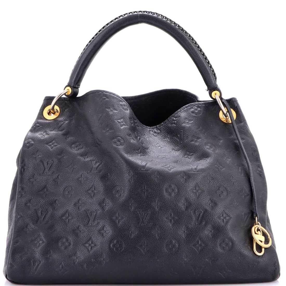 Louis Vuitton is an artsy handbag with monogram empreinte leather.: Louis Vuitton is an artsy handbag with monogram empreinte leather. The Louis Vuitton Artsy Handbag is a stunning, monogram empreinte leather masterpiece with a sleek black exterior and vibrant blue