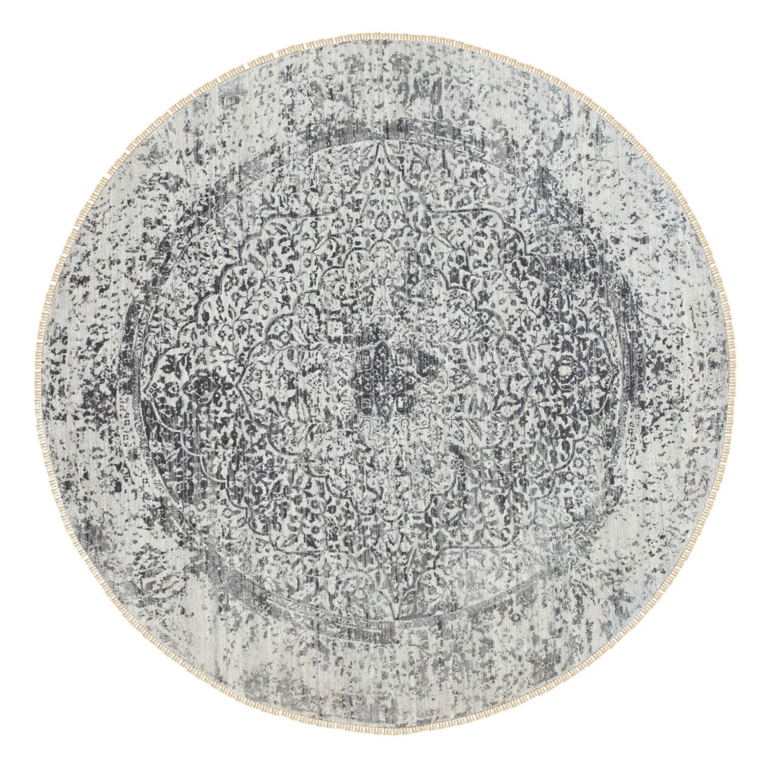 Fine wool silk hand knotted rug 8' round broken design: Fine wool silk hand knotted rug 8' round broken design Experience the timeless elegance of India's rich cultural heritage with this exquisite, hand-knotted silk rug, expertly woven in a modern broken
