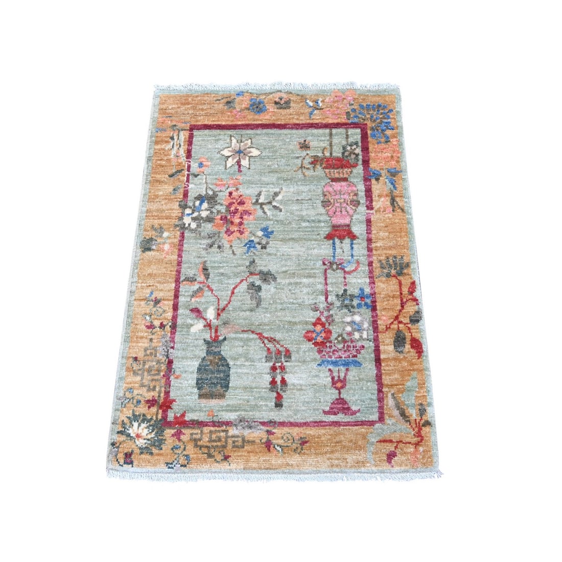 2'2"x3' Green Chinese Art Deco Inspired Peshawar Hand Knotted Wool Mat Rug (1 of 6)