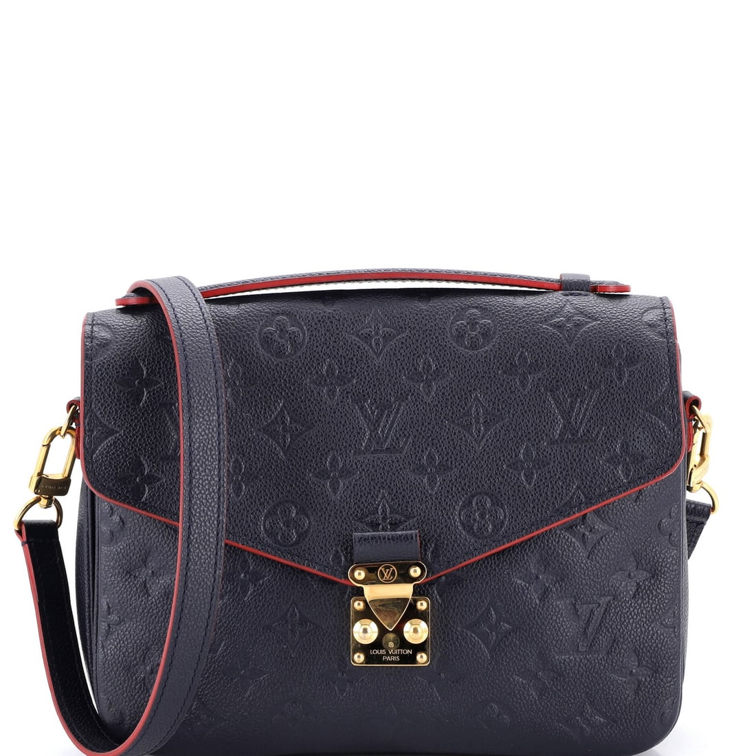 Louis Vuitton Pochette Empreinte Leather Monogram: Louis Vuitton Pochette Empreinte Leather Monogram A stunning Louis Vuitton Pochette Empreinte Monogram bag in sleek blue leather, boasting the iconic interlocking LV monogram pattern that adds an air