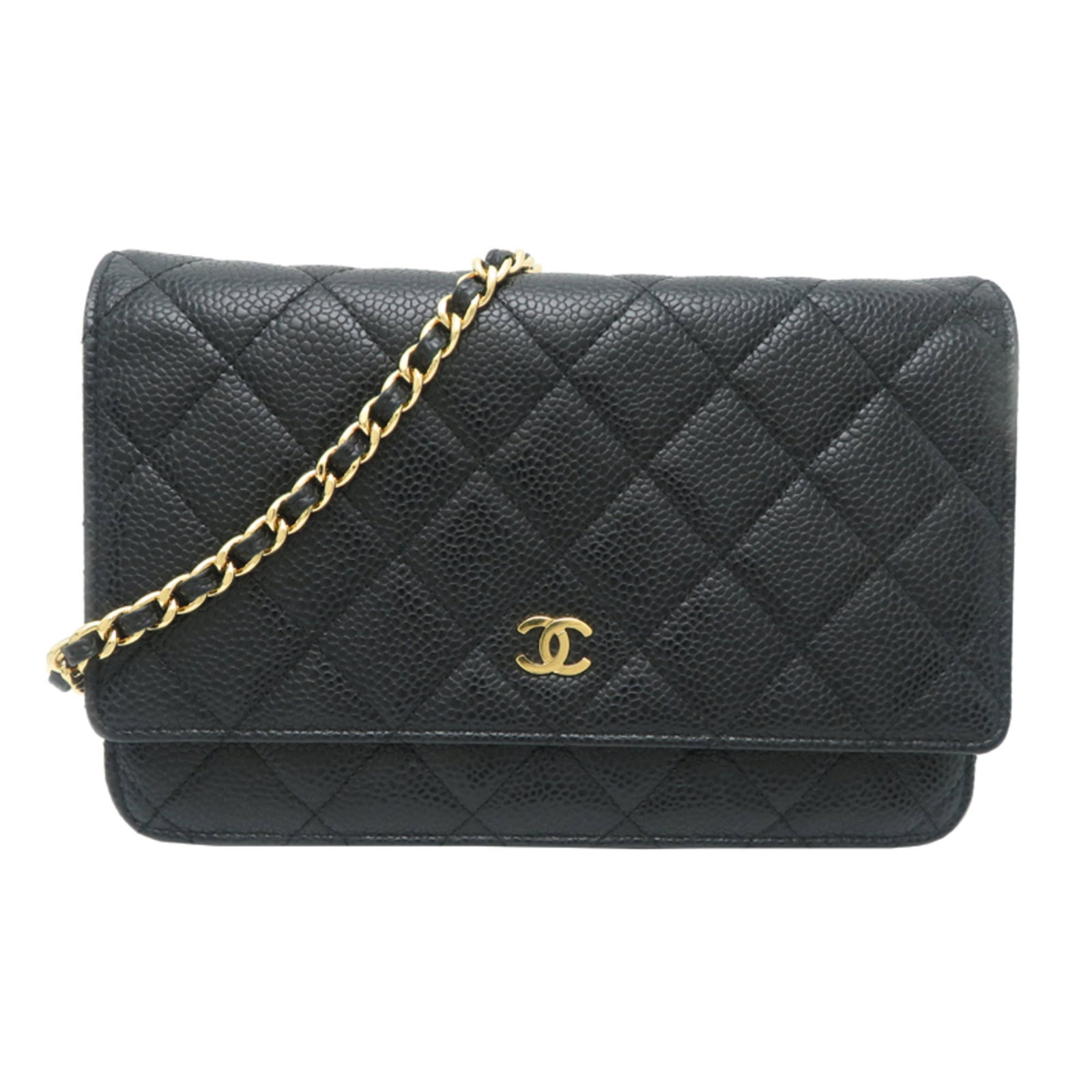 Chanel Chain/ Shoulder Wallet Grained Calfskin: Chanel Chain/ Shoulder Wallet Grained Calfskin A sleek and sophisticated Chanel chain shoulder wallet, crafted from rich grained calfskin in black. With its classic design and timeless elegance, this
