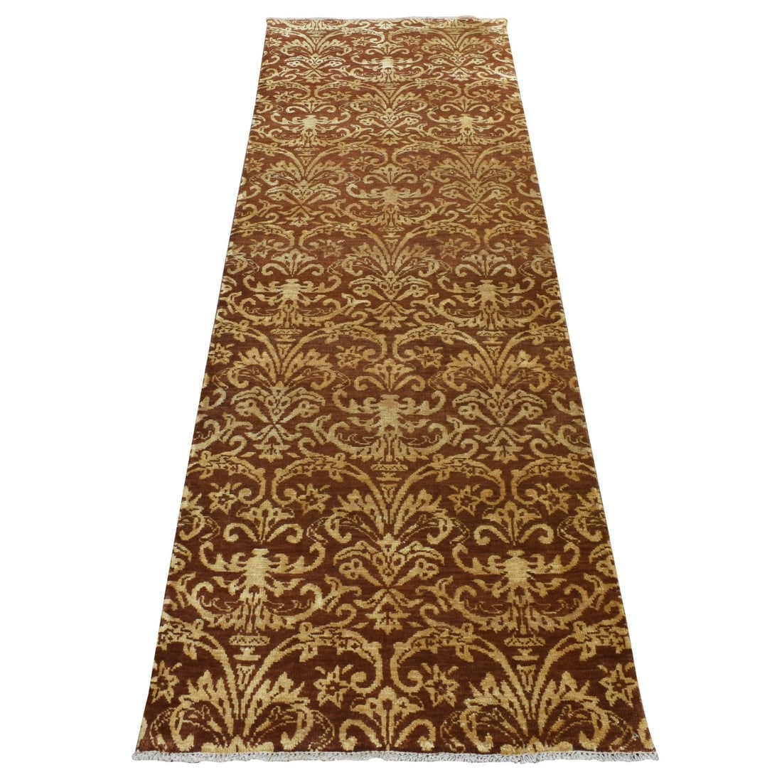 2'6"x7'9" Brown Abarasque Design Wool and Silk Handmade Runner Rug: 2'6"x7'9" Brown Abarasque Design Wool and Silk Handmade Runner Rug Experience the rich beauty of India with this stunning, hand-knotted Abarasque design wool and silk runner rug, measuring 93 inches