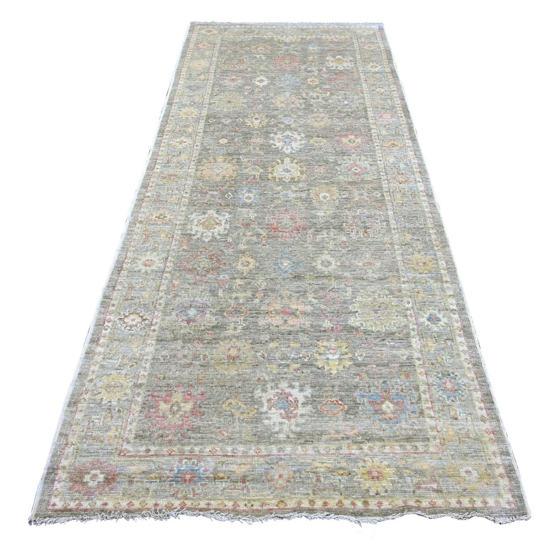4'2"x10' Brown Hand Knotted Pure Wool Angora Oushak Leaf Design Runner Rug: 4'2"x10' Brown Hand Knotted Pure Wool Angora Oushak Leaf Design Runner Rug Experience the rich cultural heritage of Afghanistan with this stunning 2000-year-old hand-knotted Oushak rug, boasting an