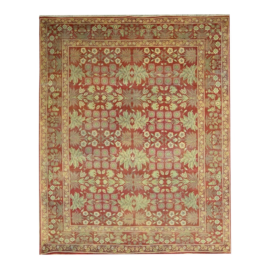 8'x10'2" Auburn Red Original Mughal Design Agra All Wool Hand Knotted Rug: 8'x10'2" Auburn Red Original Mughal Design Agra All Wool Hand Knotted Rug Experience the rich heritage of India with this stunning 8'x10' Auburn Red Original Mughal Design Agra All Wool Hand Knotted R