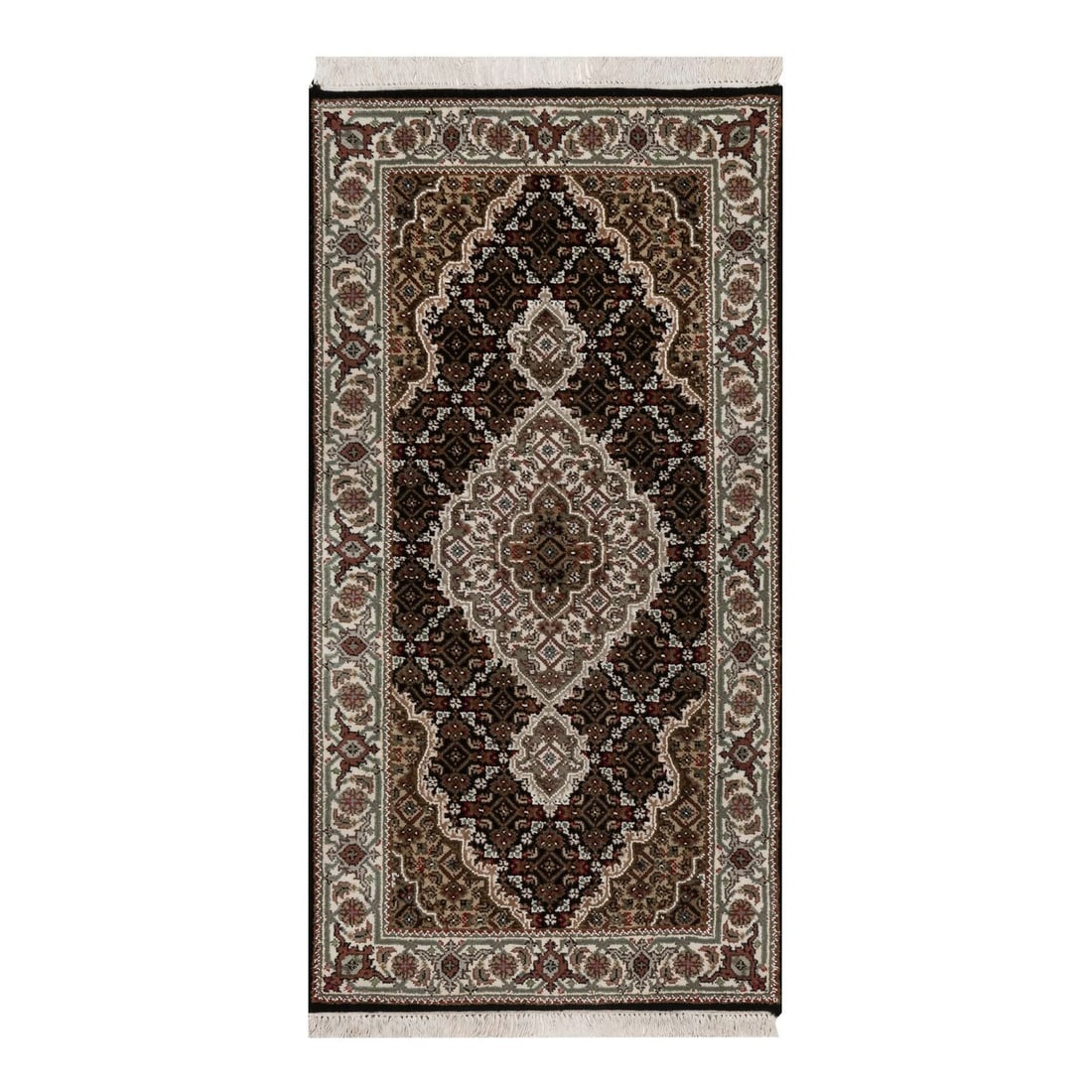 2'4"x4'9" Black Tebraz Mahi with Medallion Design Wool Rug Hand Knotted: 2'4"x4'9" Black Tebraz Mahi with Medallion Design Wool Rug Hand Knotted Experience the rich heritage of India with this stunning, hand-knotted Tebraz Mahi wool rug, boasting an intricate medallion des