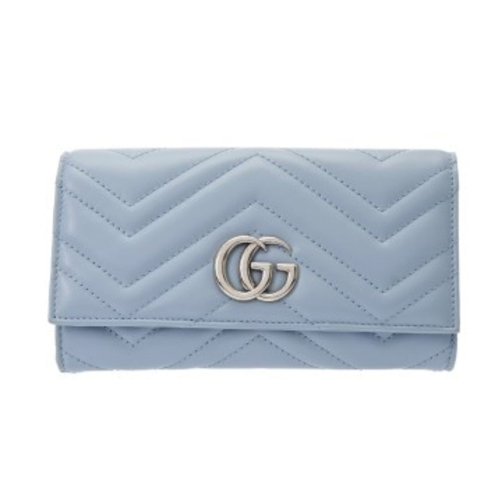 Gucci Long Wallet (Bi-Fold) Leather: Gucci Long Wallet (Bi-Fold) Leather A pre-owned Gucci long wallet in light blue leather, boasting the iconic brand's signature style with its bi-fold design and spacious interior perfect for carrying