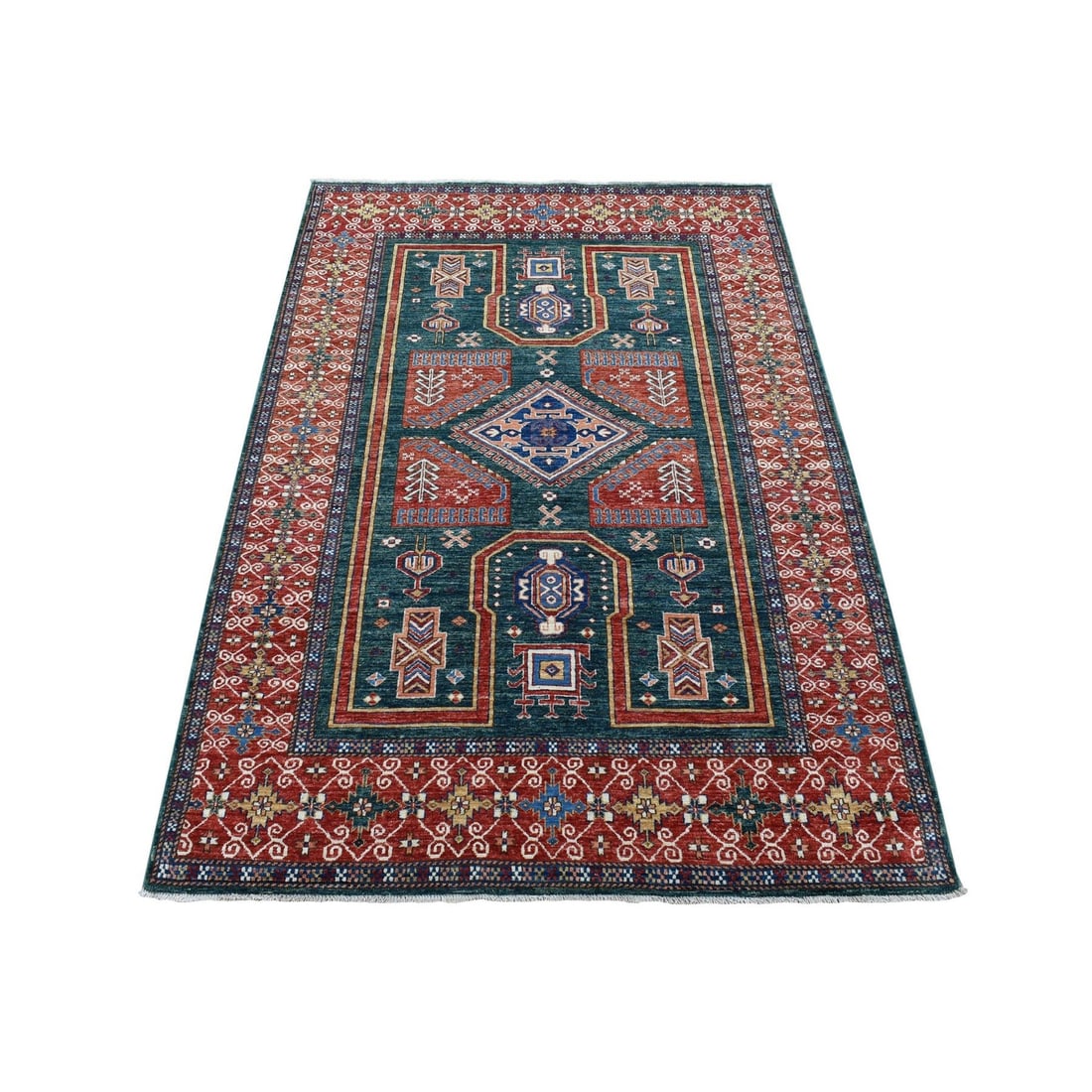 5'4"x7'9" Dark Green Afghan Super Kazak Hand Knotted Wool Oriental Rug: 5'4"x7'9" Dark Green Afghan Super Kazak Hand Knotted Wool Oriental Rug Experience the rich heritage of Afghanistan in this stunning Dark Green Afghan Super Kazak Hand Knotted Wool Oriental Rug,