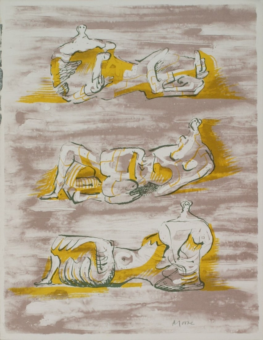 HENRY MOORE XXieme Siecle 12.5" x 9.5" Lithograph Modernism Yellow White: HENRY MOORE XXieme Siecle 12.5" x 9.5" Lithograph Modernism Yellow White A stunning modernist lithograph by renowned artist Henry Moore, XXieme Siecle showcases the artist's signature style with bold