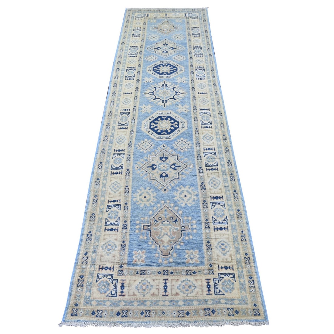 2'8"x9'7" Blue Vintage Look Kazak with Medallions Hand Knotted Wool Runner (1 of 6)