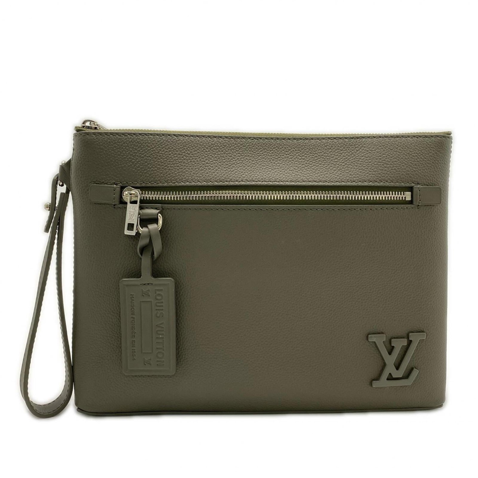 Leather Louis Vuitton Clutch Bag: Leather Louis Vuitton Clutch Bag A timeless piece from the iconic Louis Vuitton brand, this khaki leather clutch bag boasts classic LV monogramming and a sleek, sophisticated design. With its sturdy c