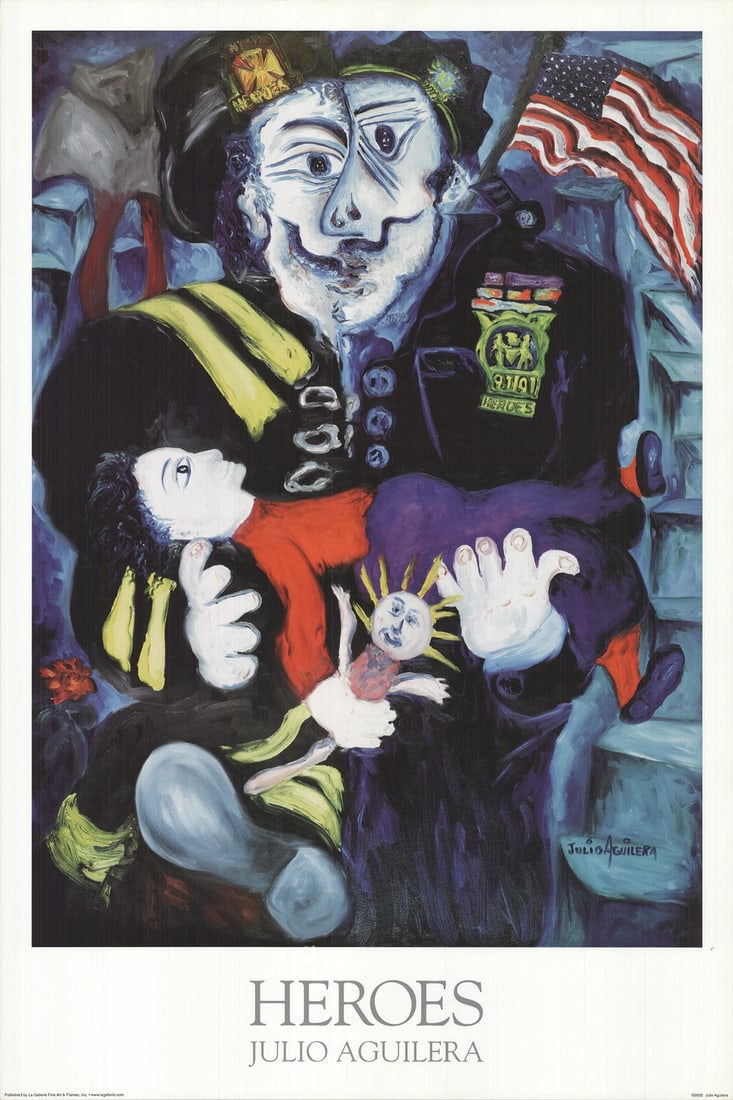 Aguilera Julio Heroes Lithograph Offset Contemporary Blue Black 2002 36" x 24: Aguilera Julio Heroes Lithograph Offset Contemporary Blue Black 2002 36" x 24 A stunning contemporary lithograph by renowned artist Julio Aguilera, 'Heroes' is a striking piece that showcases the