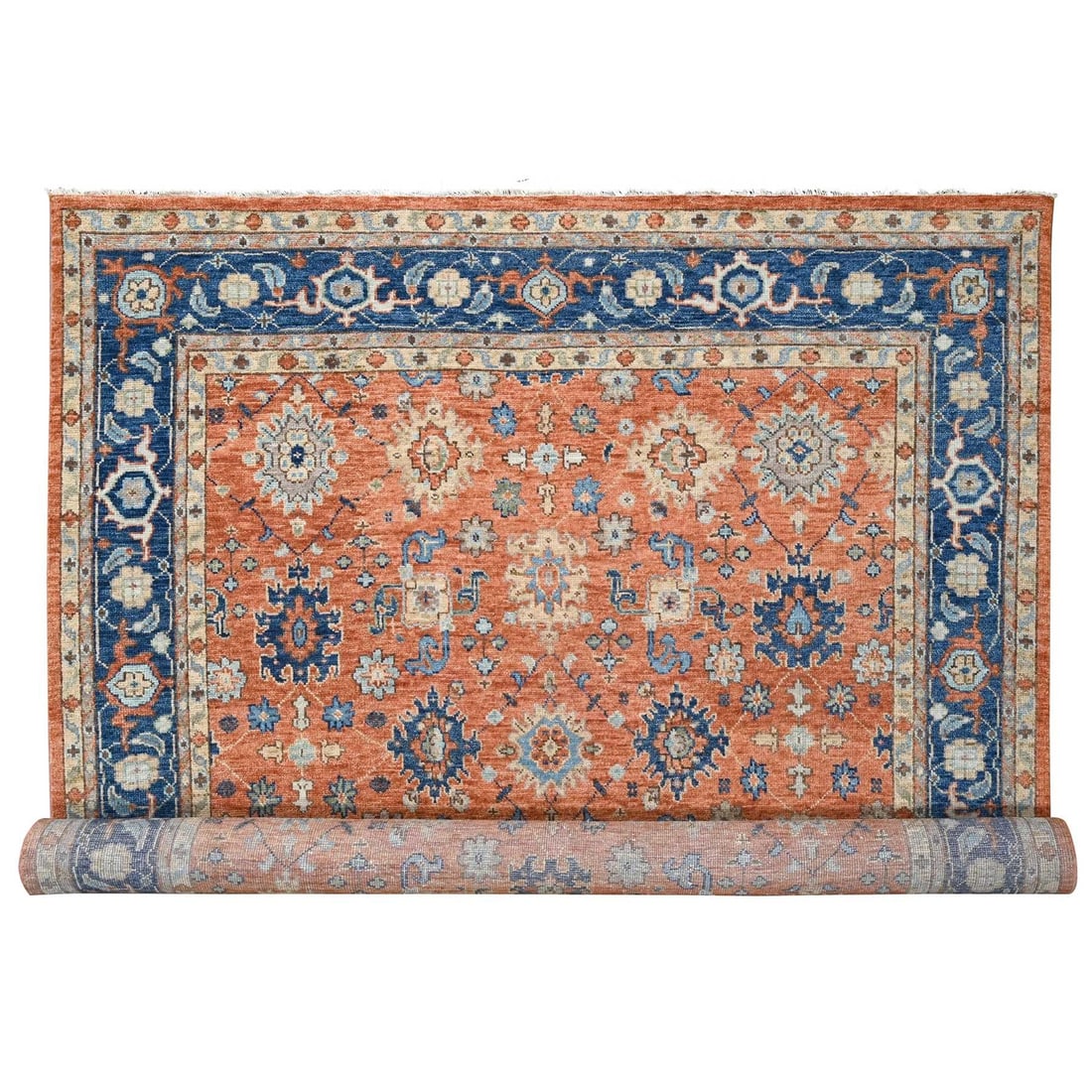 12'x17'10" Knockout Orange Mahal Design Wool Hand Knotted Oversized Rug: 12'x17'10" Knockout Orange Mahal Design Wool Hand Knotted Oversized Rug Experience the vibrant warmth of India with this stunning 12'x17'10" hand-knotted wool rug, boasting an eye-catching orange