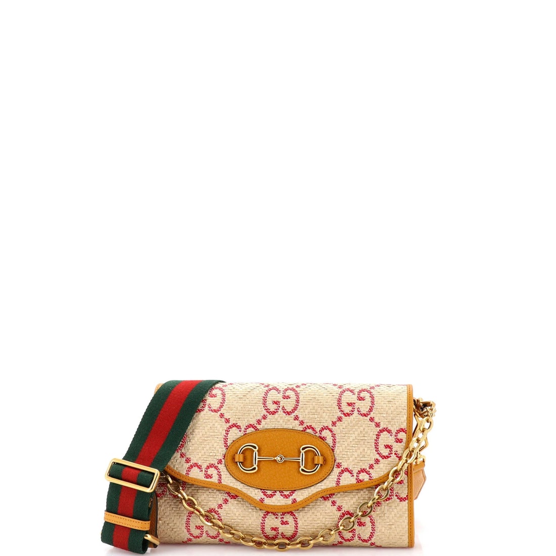 Gucci Horsebit 1955 Curved Flap Shoulder Bag Jumbo GG Raffia Small: Gucci Horsebit 1955 Curved Flap Shoulder Bag Jumbo GG Raffia Small Experience the iconic style of Gucci's Horsebit 1955 Curved Flap Shoulder Bag, crafted from vibrant orange raffia and boasting a clas