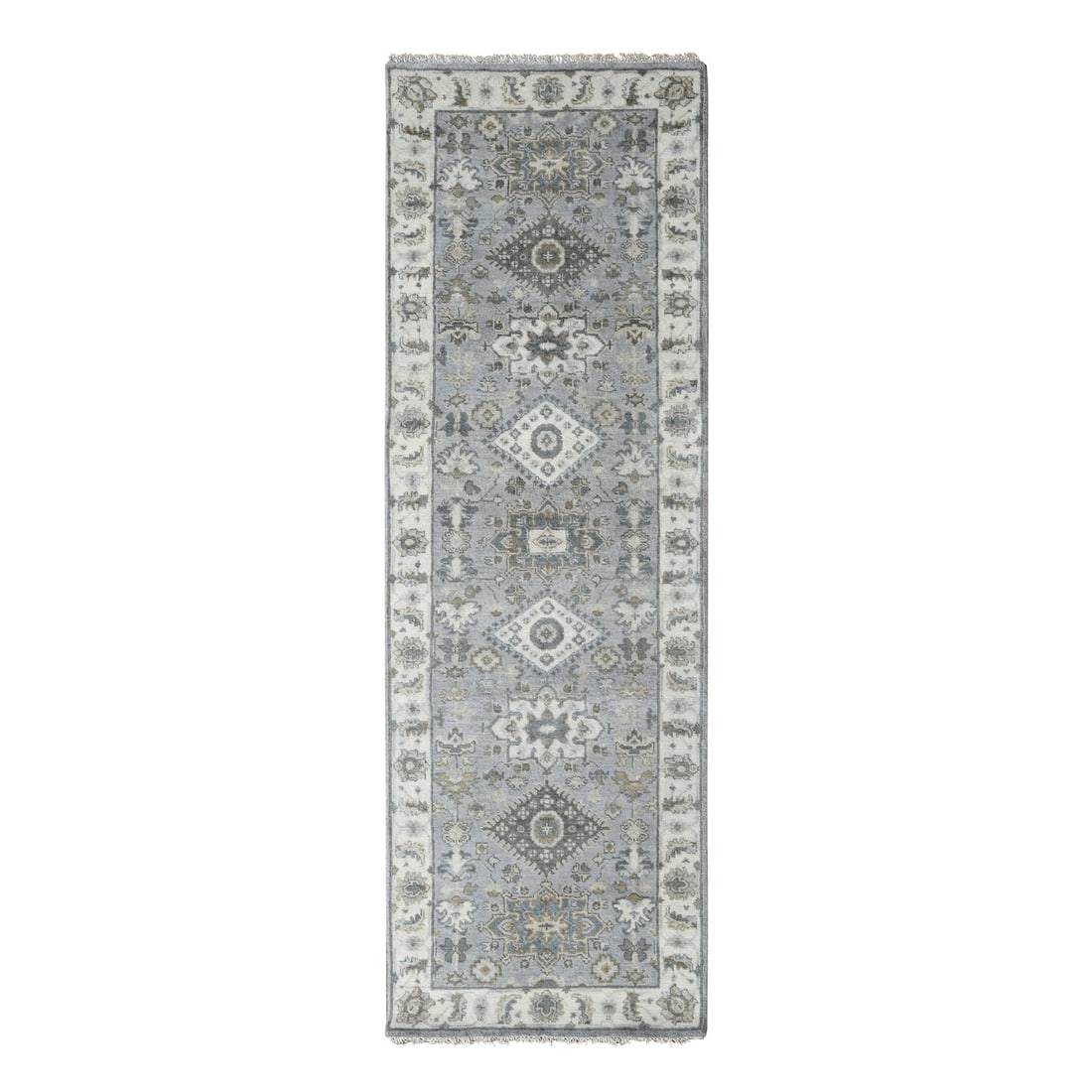2'7"x7'9" Medium Gray Hand Knotted Karjihooz Design Wool Runner Rug: 2'7"x7'9" Medium Gray Hand Knotted Karjihooz Design Wool Runner Rug Experience the rich beauty of Indian craftsmanship with this stunning 2000-year-old hand-knotted Karjihooz design wool runner rug,