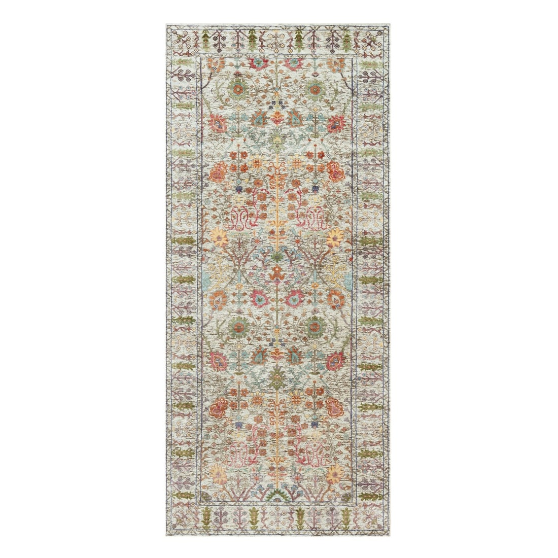 4'2"x10' Eggnog White Vase Design Silk Wool Hand Knotted Wide Runner Rug: 4'2"x10' Eggnog White Vase Design Silk Wool Hand Knotted Wide Runner Rug Experience the rich beauty of Indian craftsmanship with this stunning 2000-year-old hand-knotted wool and silk rug, featuring