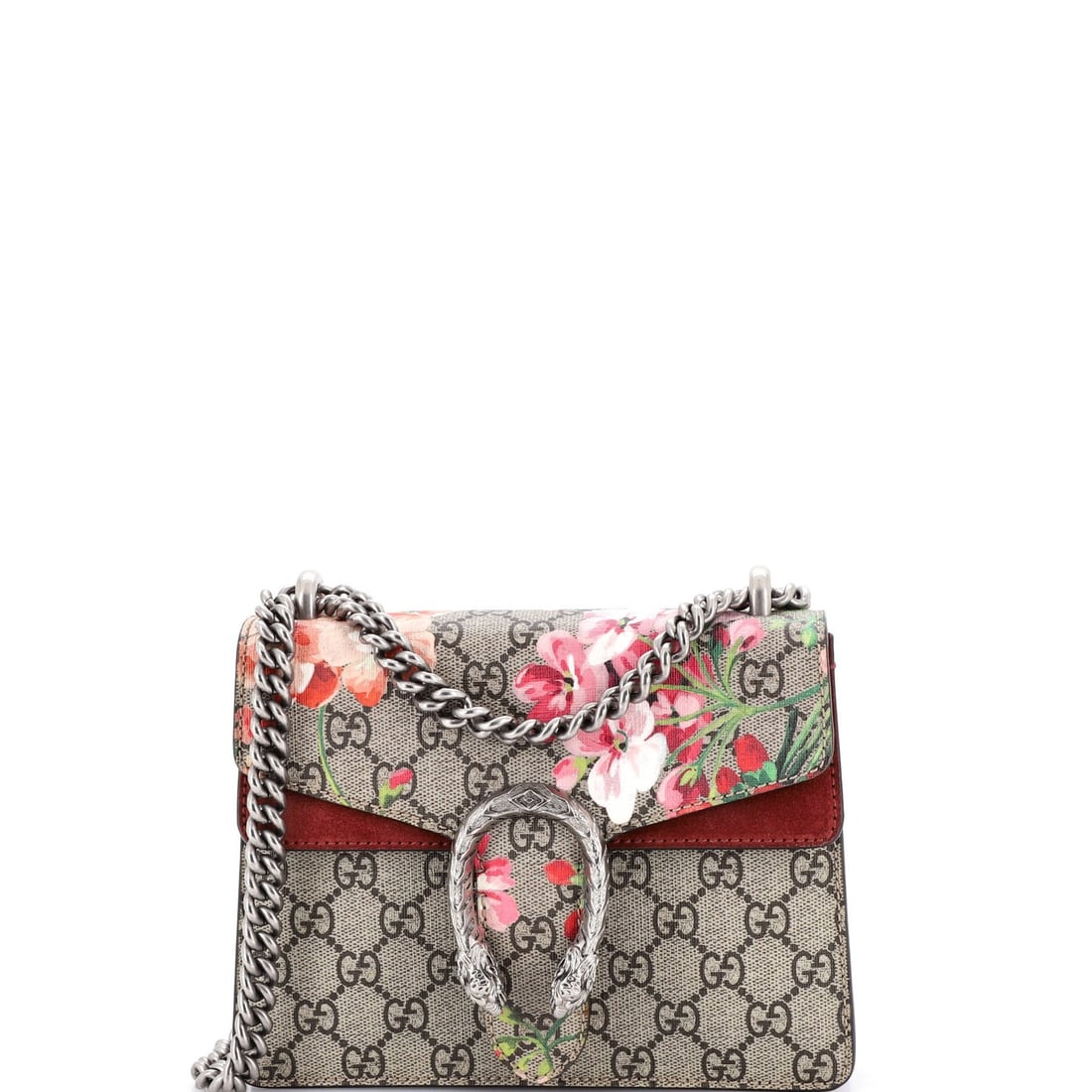 Gucci mini bag with blooms print coated canvas GG: Gucci mini bag with blooms print coated canvas GG This Gucci mini Dionysus bag boasts a beautiful blooms print coated canvas GG exterior, adding a touch of elegance to any outfit. With its signature