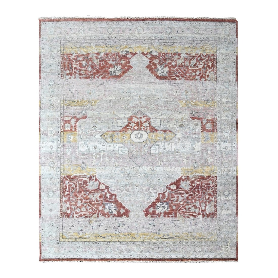 Hand Knotted Rug 8'1"x10' Ivory Ziegler Mahal with Oushak Design Wool: Hand Knotted Rug 8'1"x10' Ivory Ziegler Mahal with Oushak Design Wool Experience the timeless elegance of India's rich cultural heritage with this stunning Hand Knotted Wool Rug, measuring 8'1"x10'