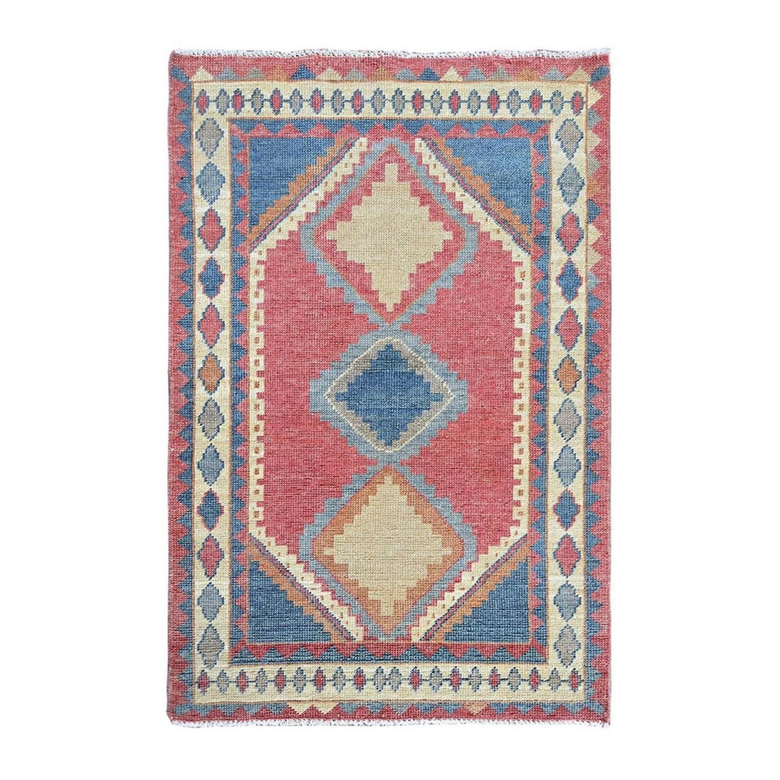 2'9"x4'9" Pink Anatolian Geometric Village Design Wool Hand Knotted Rug: 2'9"x4'9" Pink Anatolian Geometric Village Design Wool Hand Knotted Rug Experience the vibrant beauty of traditional Afghan craftsmanship with this stunning, hand-knotted wool rug from AFGHANISTAN. Me