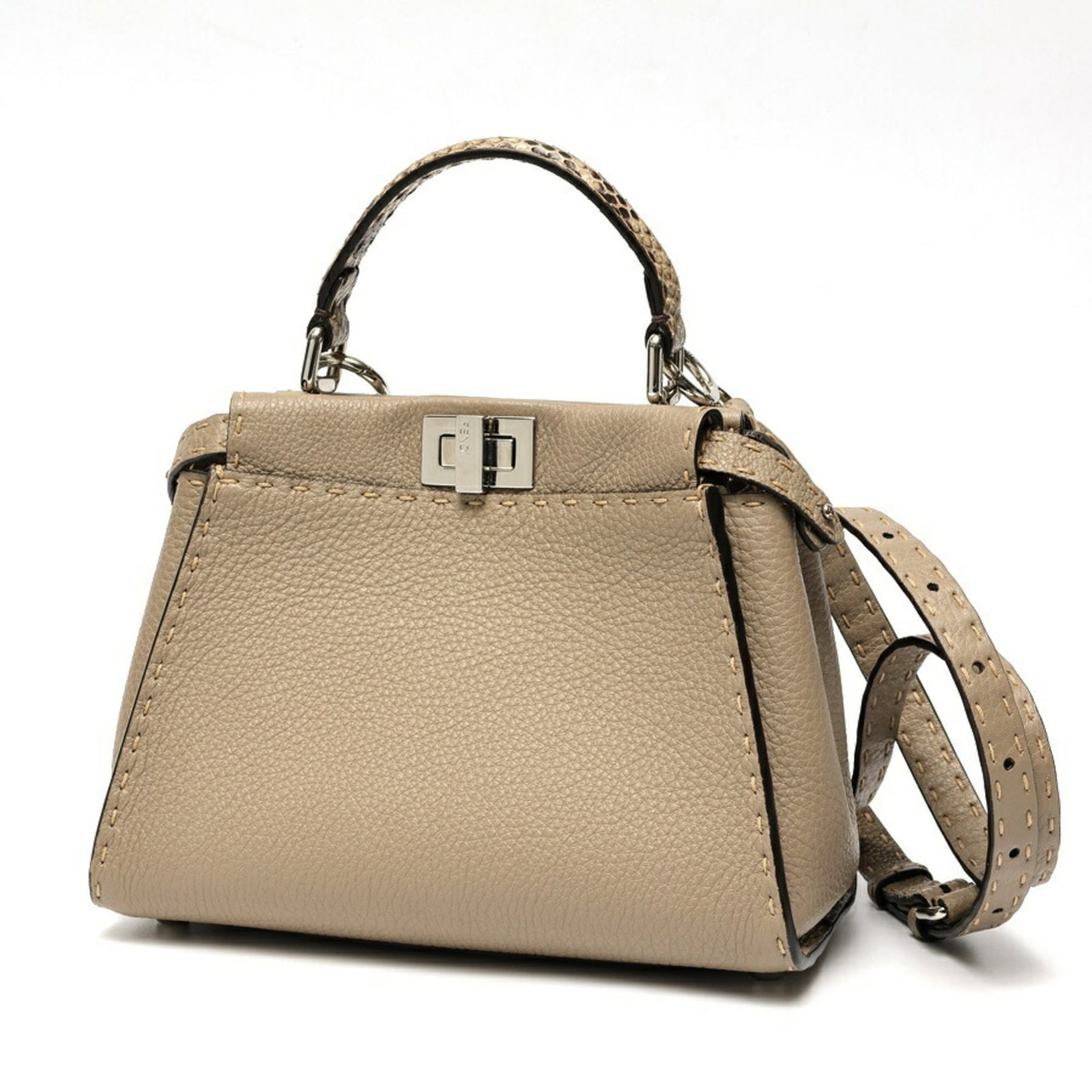 Fendi dove grey Greige small selleria bag.: Fendi dove grey Greige small selleria bag. A sleek and sophisticated small selleria bag from Fendi, boasting a beautiful dove grey greige color that adds a touch of understated elegance to any outfit.