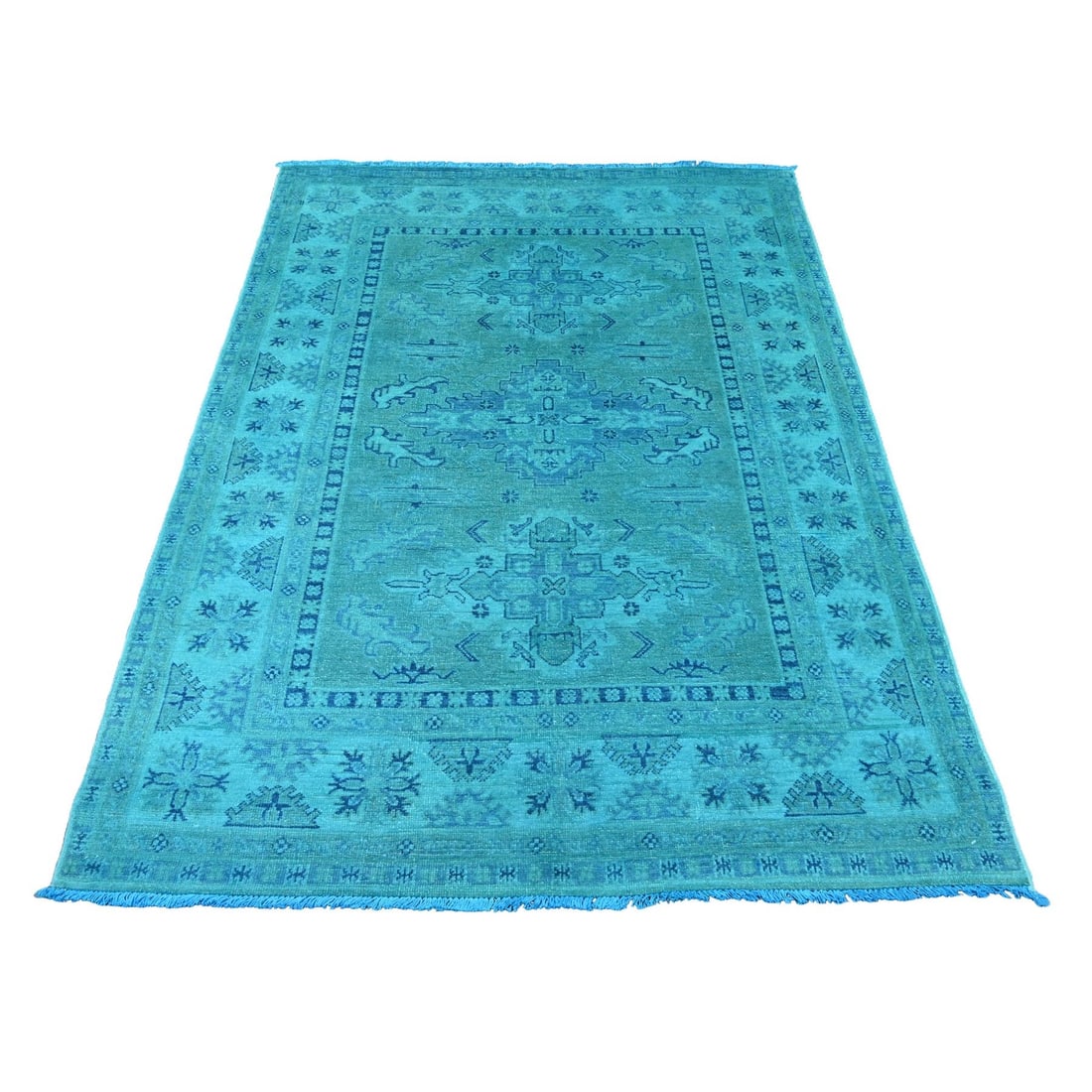 4'10'x6'3" Blue Overdyed Kazak Medallions Design Hand Knotted Wool Rug: 4'10'x6'3" Blue Overdyed Kazak Medallions Design Hand Knotted Wool Rug Experience the rich cultural heritage of Afghanistan in this stunning blue overdyed Kazak medallions design hand knotted wool