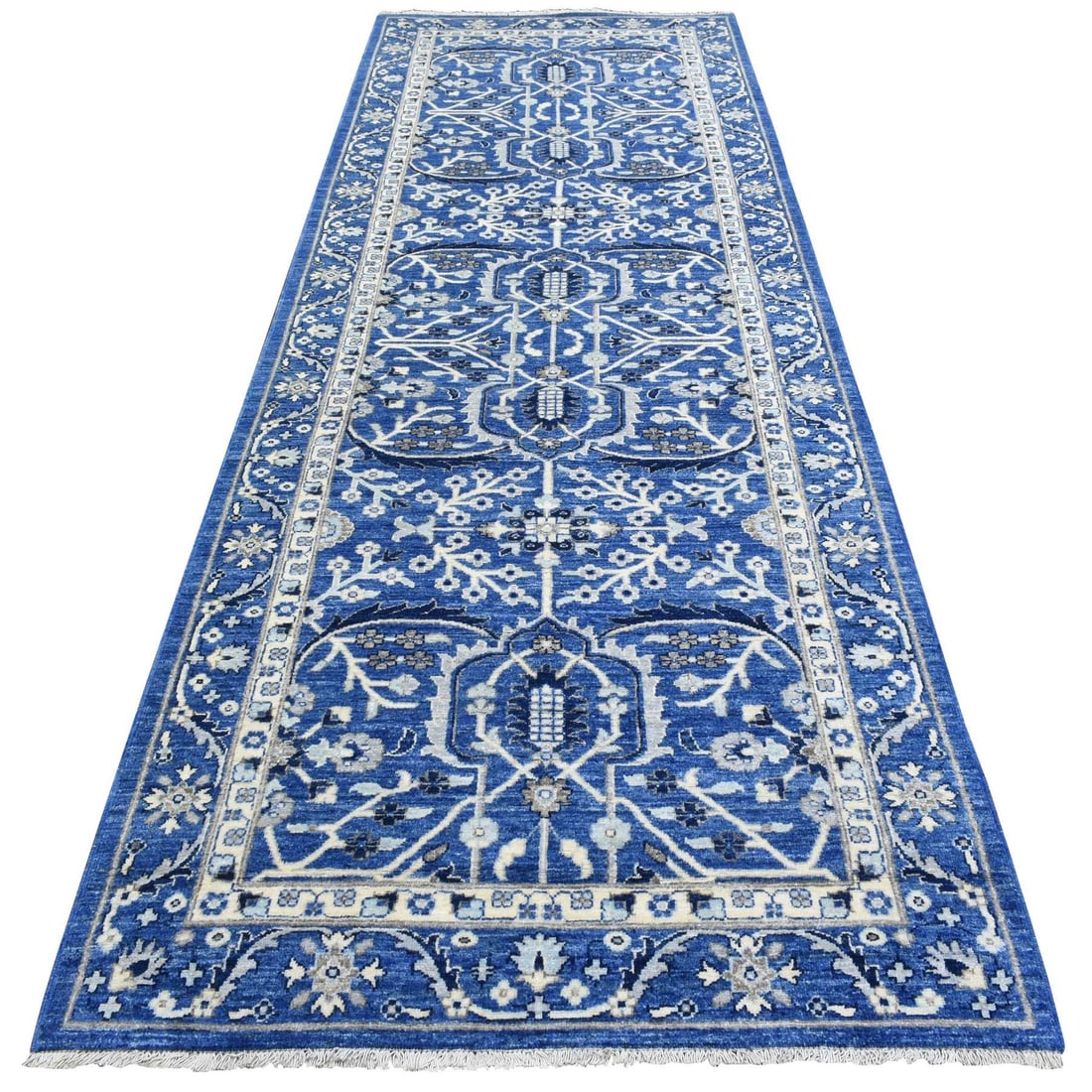4'3"x11'9" Blue Fine Peshawar Soft Wool Hand Knotted Wide Runner Rug: 4'3"x11'9" Blue Fine Peshawar Soft Wool Hand Knotted Wide Runner Rug Experience the rich beauty of traditional Peshawar craftsmanship with this stunning blue fine wool hand-knotted wide runner rug,