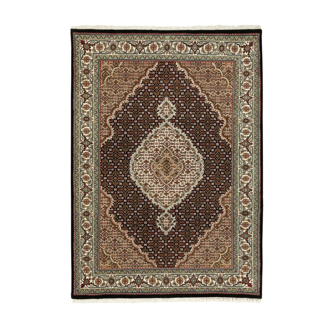 4'x6' Rich Black Tebraz Mahi 250 KPSI Wool Hand Knotted Rug: 4'x6' Rich Black Tebraz Mahi 250 KPSI Wool Hand Knotted Rug Experience the rich beauty of India's traditional craftsmanship in this stunning 4'x6' Rich Black Tebraz Mahi 250 KPSI wool hand-knotted rug