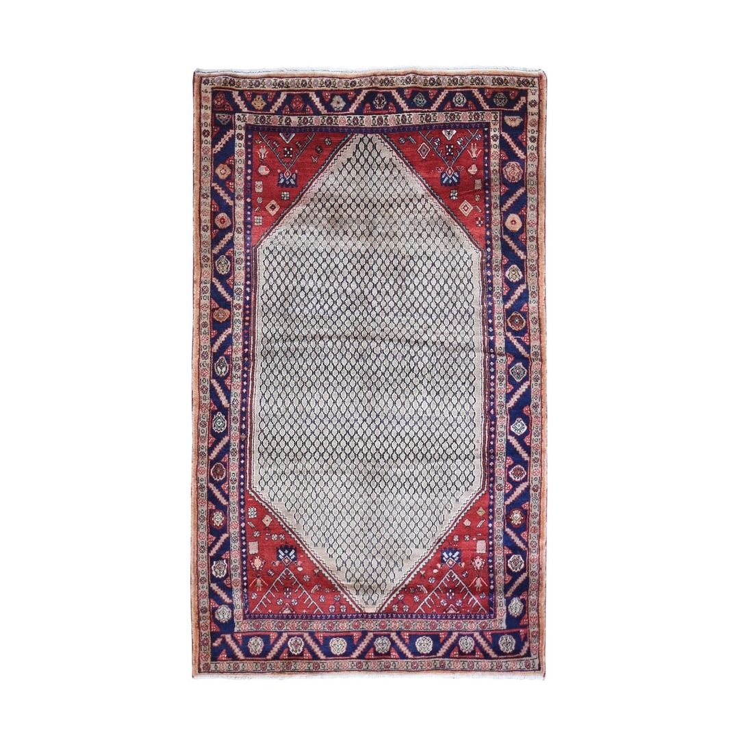 5'2"x8'8" Pure Wool Vintage Farsian Open Field Design Hand Knotted Rug: 5'2"x8'8" Pure Wool Vintage Farsian Open Field Design Hand Knotted Rug Experience the timeless elegance of a vintage Turkish rug, expertly hand-knotted from pure wool to create a stunning 5'2"x8'8" op