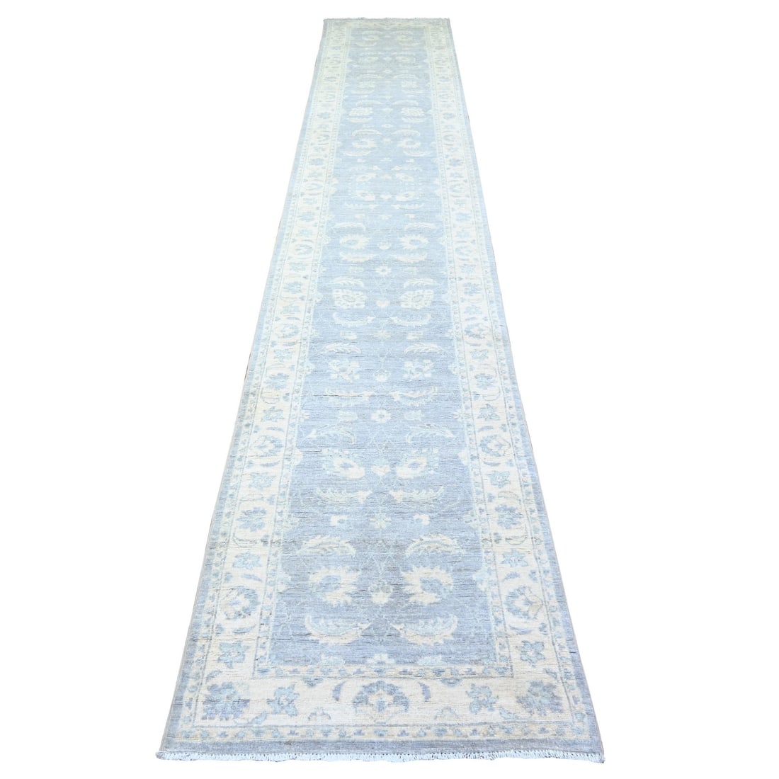 2'6"x14'8" Glaucous Gray Wool Hand Knotted Finer Peshawar XL Runner Rug: 2'6"x14'8" Glaucous Gray Wool Hand Knotted Finer Peshawar XL Runner Rug Experience the rich heritage of Afghan craftsmanship with this stunning 14'8" Glaucous Gray Wool Hand Knotted Peshawar XL Runner