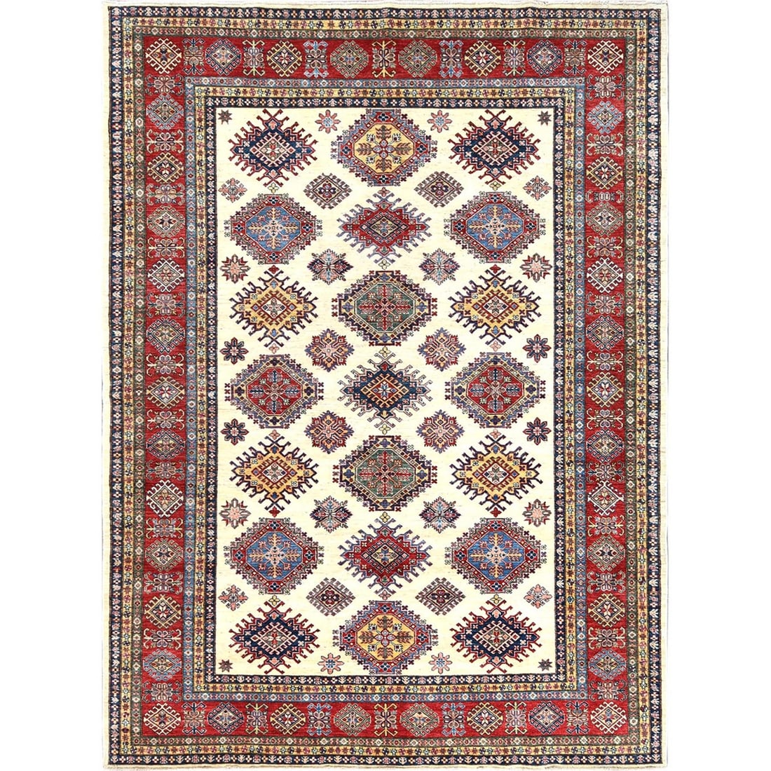 8'8"x11'10" Hand Knotted Ivory Afghan Super Kazak Shiny Wool Oriental Rug: 8'8"x11'10" Hand Knotted Ivory Afghan Super Kazak Shiny Wool Oriental Rug Experience the timeless beauty of traditional Afghan craftsmanship with this stunning 8'8"x11'10" Hand Knotted Ivory Afghan Su