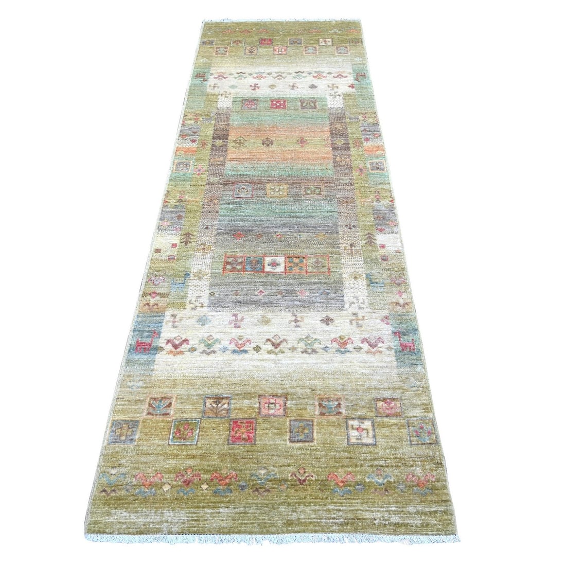2'8"x8'2" Swamp Green Hand Knotted Fine Kashkuli Gabbeh Wool Runner Rug: 2'8"x8'2" Swamp Green Hand Knotted Fine Kashkuli Gabbeh Wool Runner Rug Experience the rich cultural heritage of Afghanistan with this stunning 2000-year-old Kashkuli-style hand-knotted wool runner