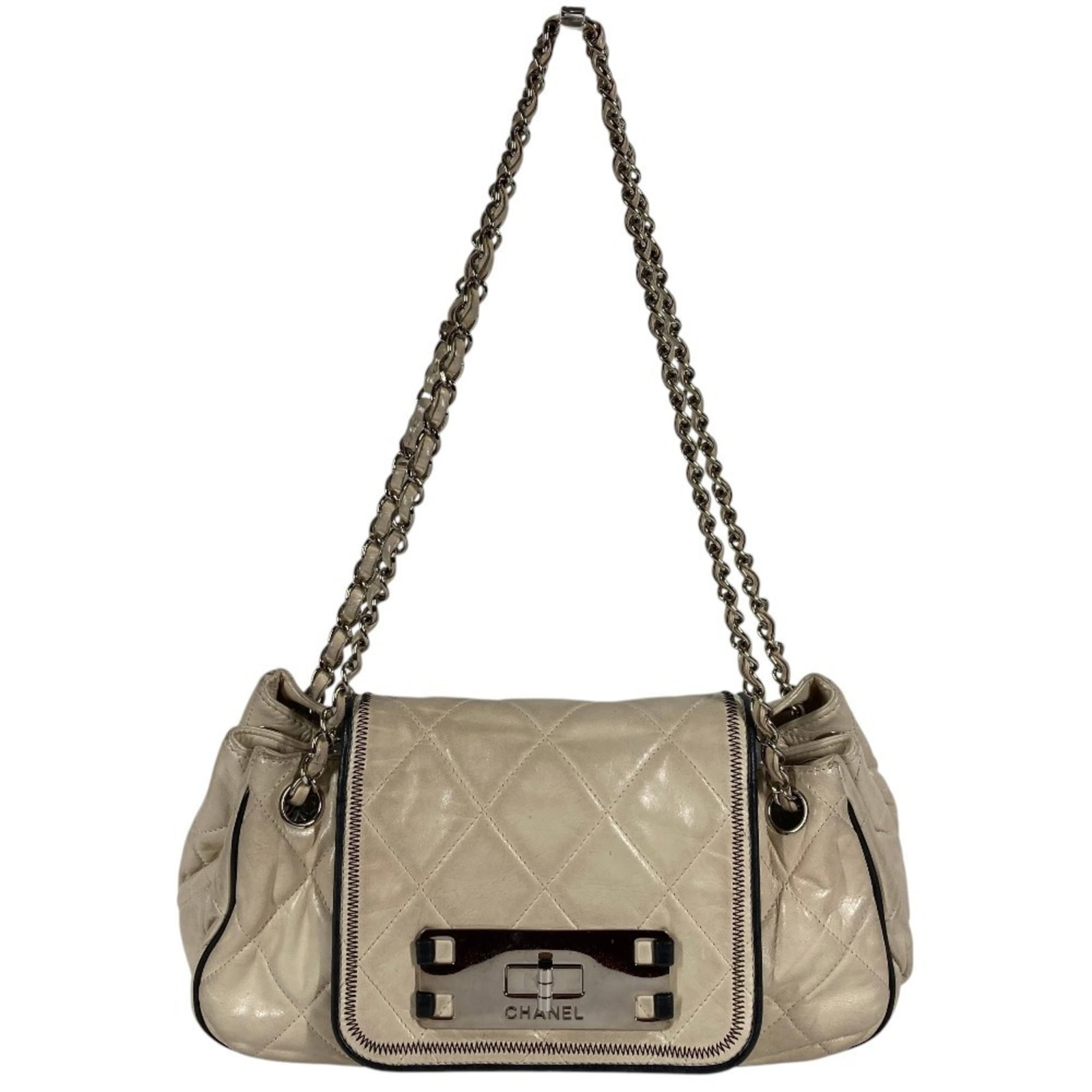 Chanel Leather Shoulder Bag: Chanel Leather Shoulder Bag A pre-owned Chanel leather shoulder bag in exquisite beige and black hues, boasting timeless elegance with its classic design and premium leather construction. With a