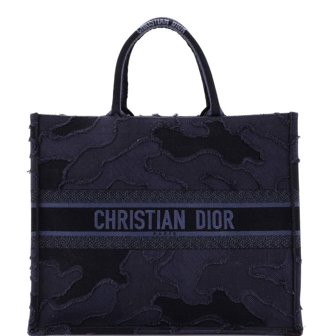 Large canvas embroidered camouflage book tote by Christian Dior: Large canvas embroidered camouflage book tote by Christian Dior Elevate your daily essentials with the iconic Christian Dior camouflage book tote, boasting a striking blue canvas exterior and elegant