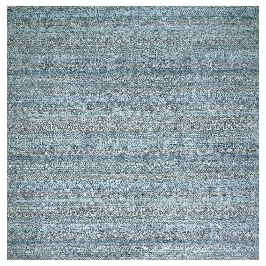 12'x12' Blue 100% Wool Hand Knotted Kohinoor Herrita Design Square Rug: 12'x12' Blue 100% Wool Hand Knotted Kohinoor Herrita Design Square Rug Experience the rich heritage of Indian craftsmanship with this stunning 12'x12' Blue Herrita design square rug, expertly hand-kno