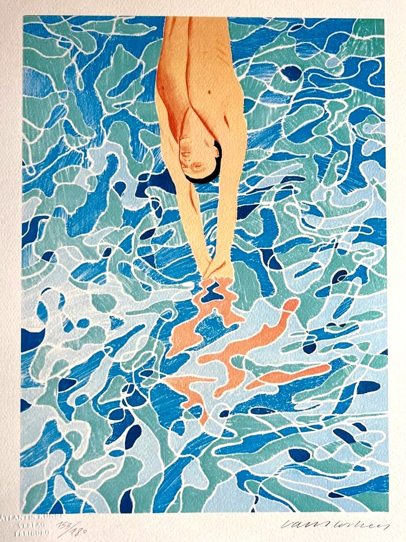 David Hockney is a lithograph.: David Hockney is a lithograph. Own a piece of art history with David Hockney's iconic lithograph, "The Diver (Monaco Olympic Games '72)". Created in 1997, this numbered and signed print showcases the
