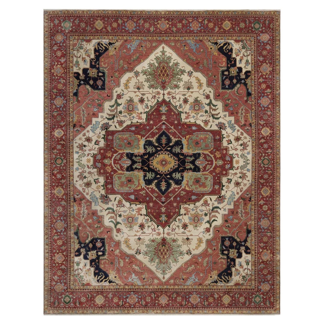 11'10"x15'3" Ivory Hand Knotted Wool XL Rug Antiqued Fine Heris Recreation: 11'10"x15'3" Ivory Hand Knotted Wool XL Rug Antiqued Fine Heris Recreation Experience the rich heritage of India with this exquisite 11'10"x15'3" hand-knotted wool rug, crafted in the traditional Heri
