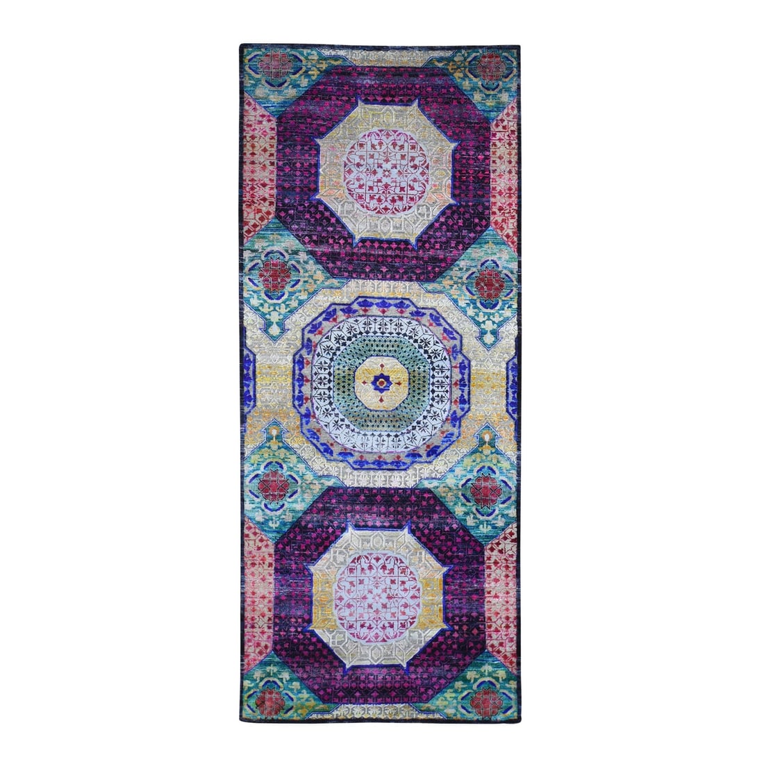 4'1"x10'4" Sari Silk with Textured Wool Mamluk Design Hand Knotted Rug: 4'1"x10'4" Sari Silk with Textured Wool Mamluk Design Hand Knotted Rug Experience the rich heritage of Indian craftsmanship with this stunning 2000-year-old hand-knotted rug, boasting an intricate