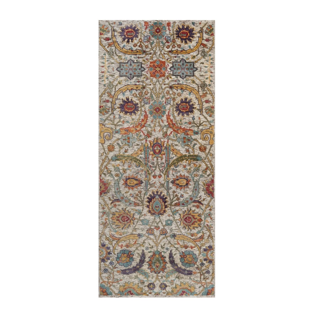 2'6"x6' Ivory Sickle Leaf Design Hand Knotted Silk with Textured Wool Runner: 2'6"x6' Ivory Sickle Leaf Design Hand Knotted Silk with Textured Wool Runner Experience the timeless beauty of Indian craftsmanship with this exquisite, hand-knotted silk and wool runner, featuring