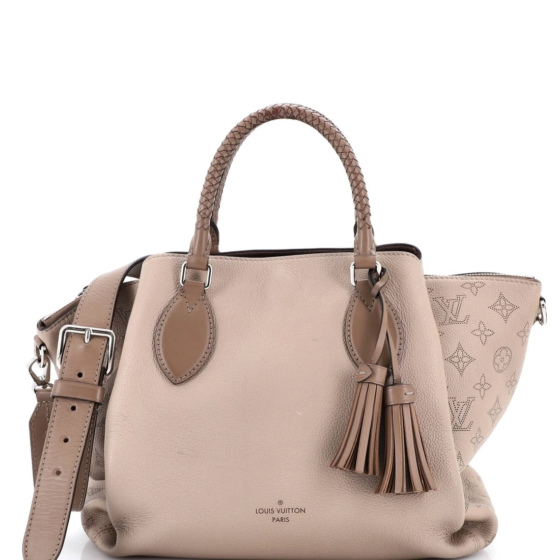 Louis Vuitton Handbag Mahina Leather Haumea: Louis Vuitton Handbag Mahina Leather Haumea The Louis Vuitton Haumea Mahina Leather Handbag is a timeless and sophisticated satchel, boasting neutral exterior with minor creases, scuffs, and edge
