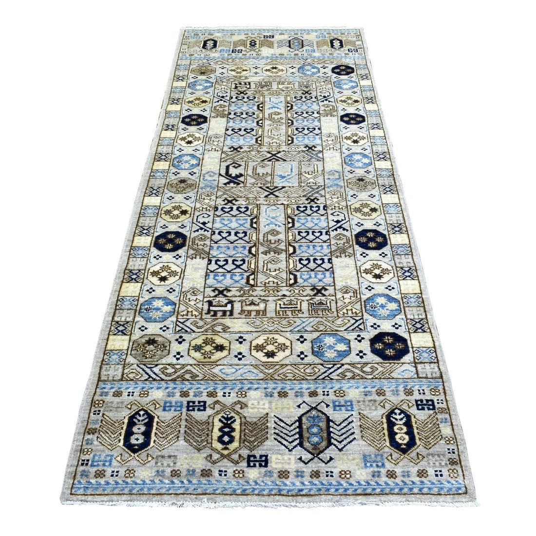 2'10"x8'4" Light Gray Hand Knotted Afghan Ersari Pure Wool Runner Rug (1 of 6)