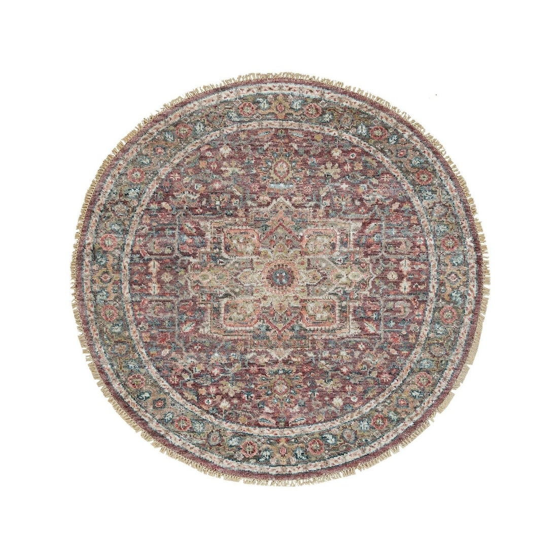 Heriz Revival Pure Wool Hand Knotted Round Oriental Rug 5'x5' Garnet Red: Heriz Revival Pure Wool Hand Knotted Round Oriental Rug 5'x5' Garnet Red Experience the timeless beauty of India's rich cultural heritage with this stunning Heriz Revival Pure Wool Hand Knotted Round