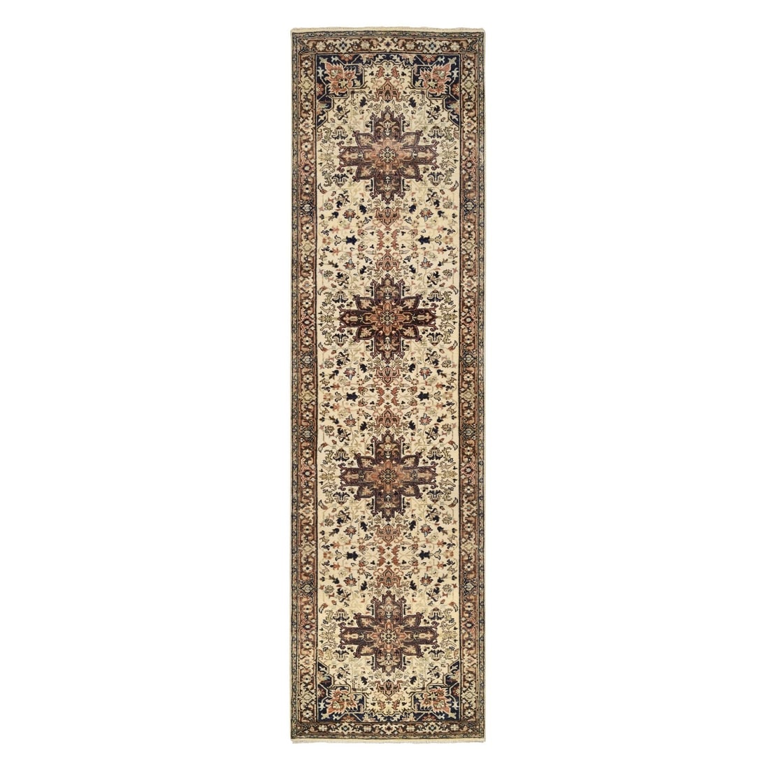 2'7"x10'3" Beige Antiqued Heris Re-Creation Wool Hand Knotted Runner Rug: 2'7"x10'3" Beige Antiqued Heris Re-Creation Wool Hand Knotted Runner Rug Experience the rich beauty of India's ancient heritage with this exquisite, hand-knotted wool runner rug, expertly recreated to