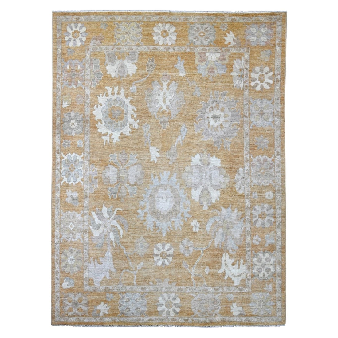 8'9"x11'9" Golden Brown Angora Oushak Leaf Design Hand Knotted Wool Rug: 8'9"x11'9" Golden Brown Angora Oushak Leaf Design Hand Knotted Wool Rug Experience the rich beauty of Afghan craftsmanship with this stunning Golden Brown Angora Oushak Leaf Design Hand Knotted Wool