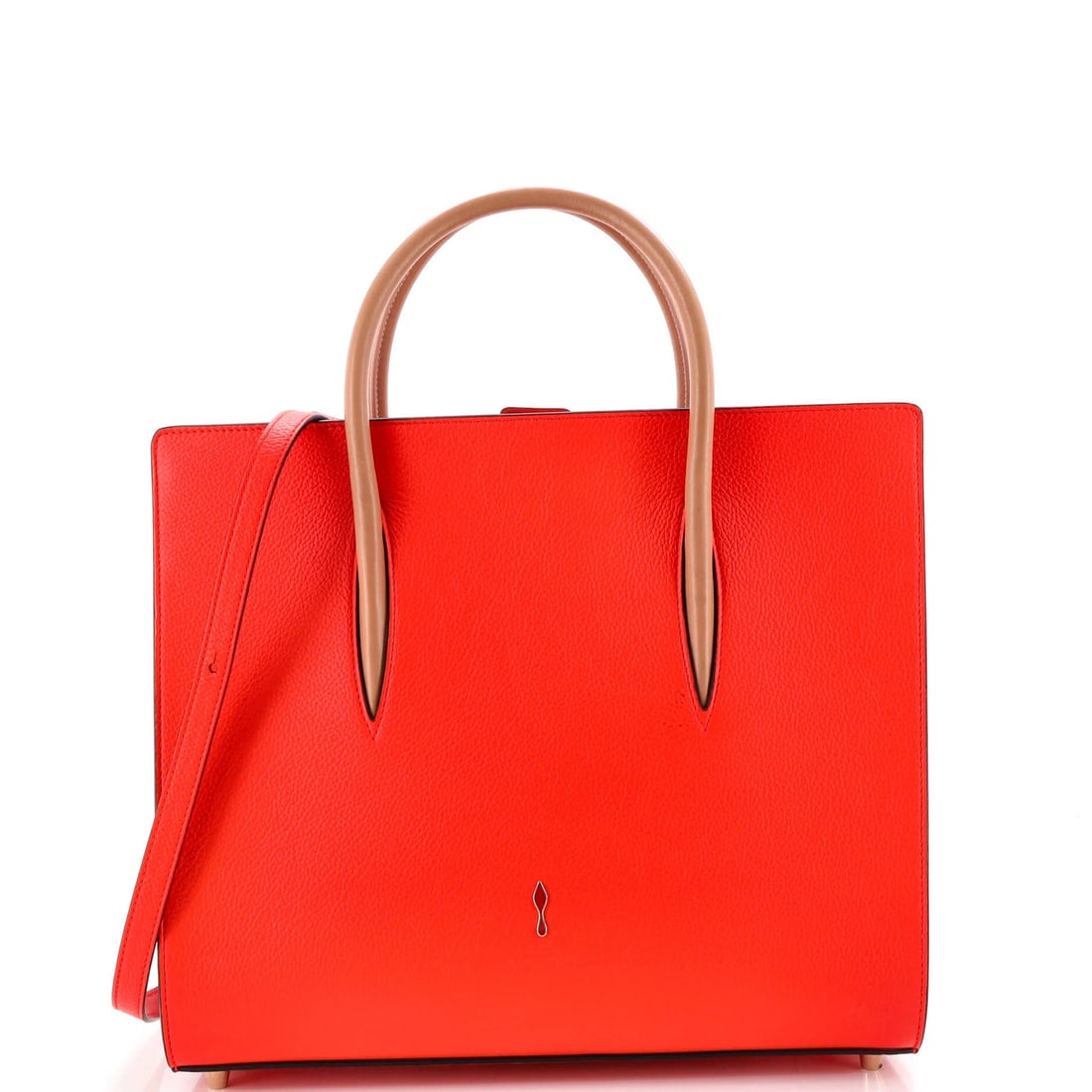 Christian Louboutin is a large leather tote.: Christian Louboutin is a large leather tote. The iconic Paloma tote from Christian Louboutin is a statement piece for any fashion enthusiast, boasting sleek orange leather exterior and striking red