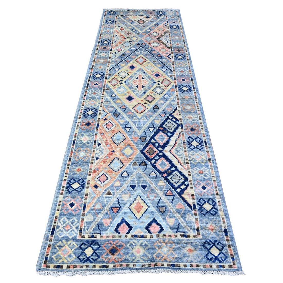 3'2"x10'1" Arctic Blue Hand Knotted Village Inspired Shiny Wool Rug (1 of 6)