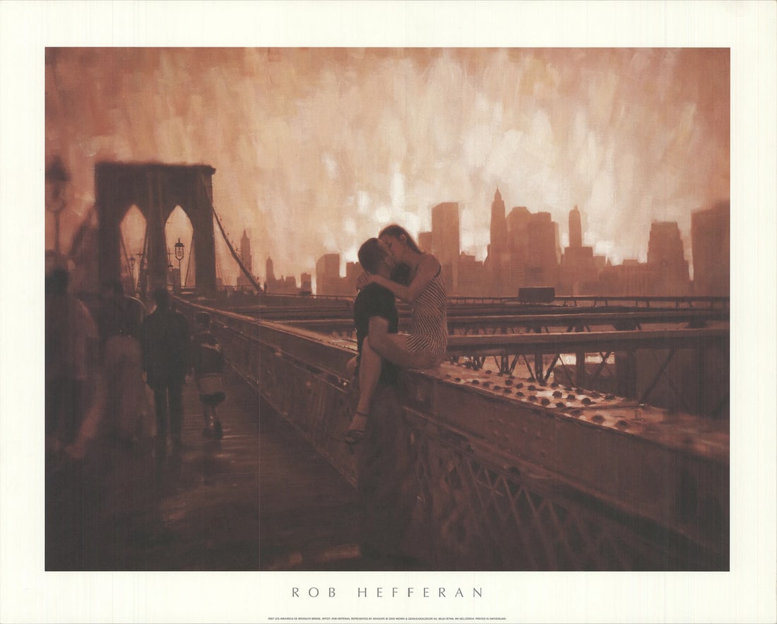 Les Amoureux De Brooklyn Bridge is an Offset Lithograph of the Brooklyn Bridge, 15.75" x 19.75". (1 of 4)